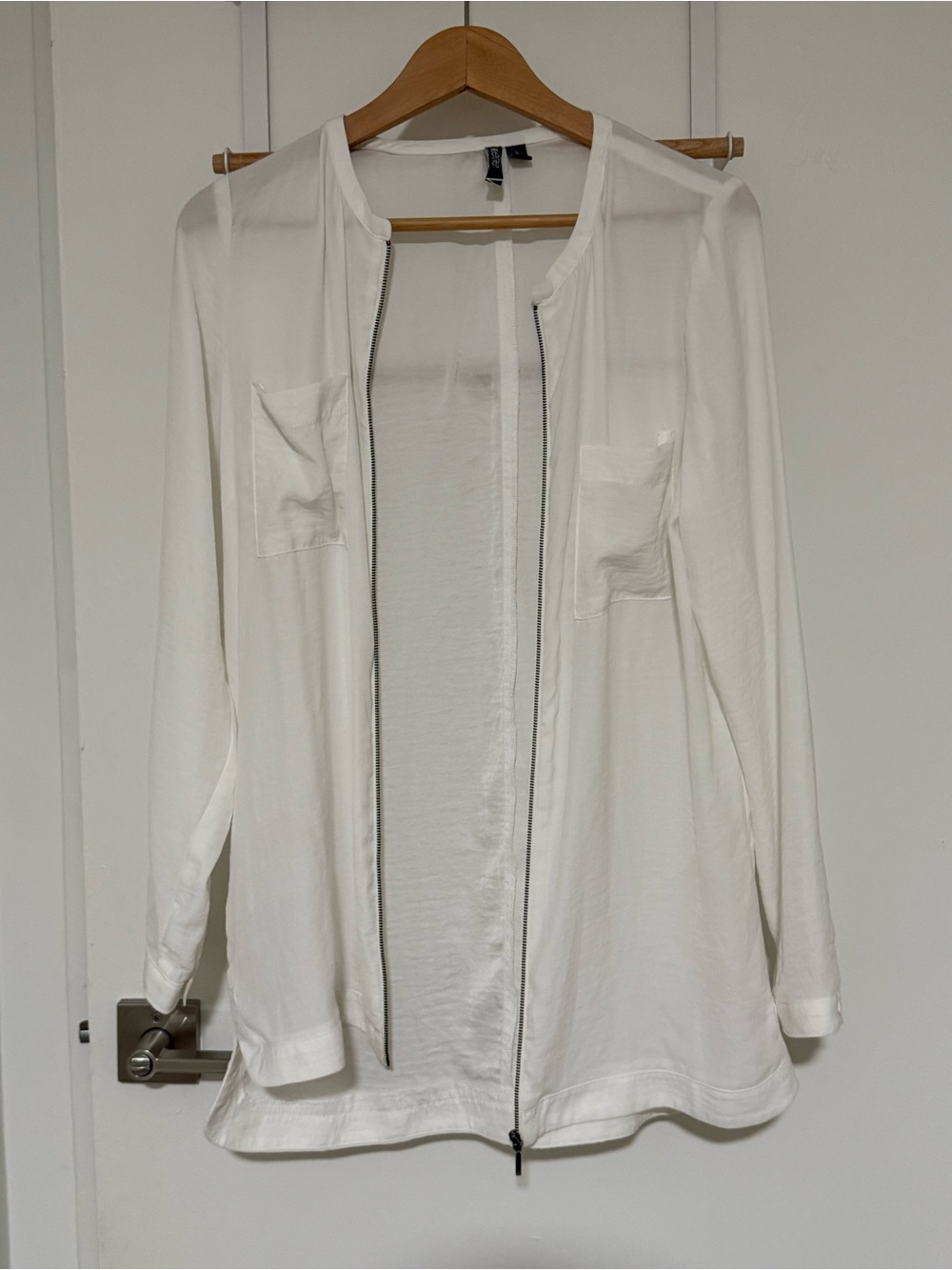 Valette White Long-Sleeve Zip-Front Button-Down sheer Shirt